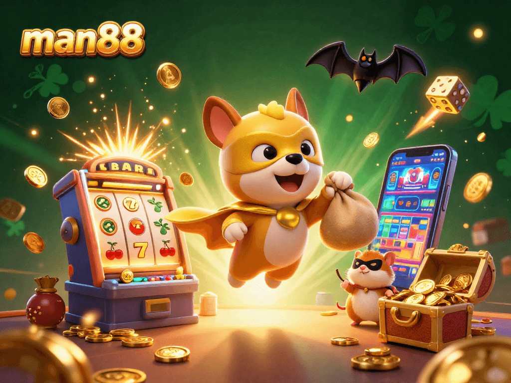 Engage with man88 while winning in an exciting 3D casino scene featuring cartoon characters and vibrant games.