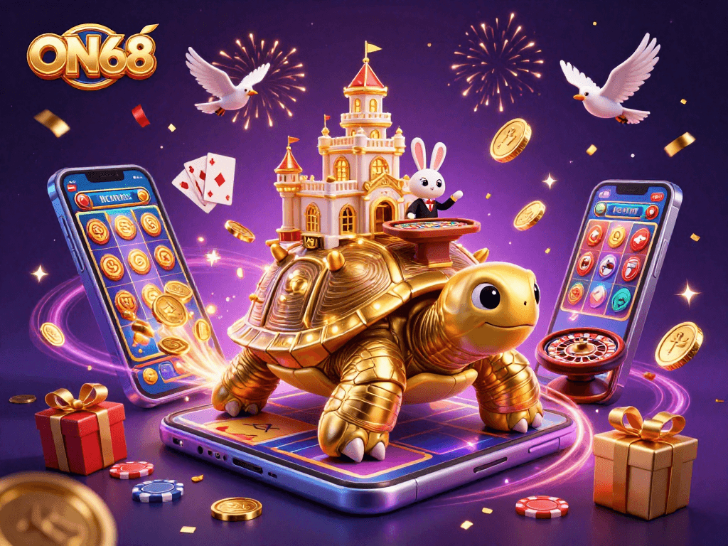 Engage with ON68's world of gambling through this vibrant illustration featuring a golden tortoise and rabbit dealer.