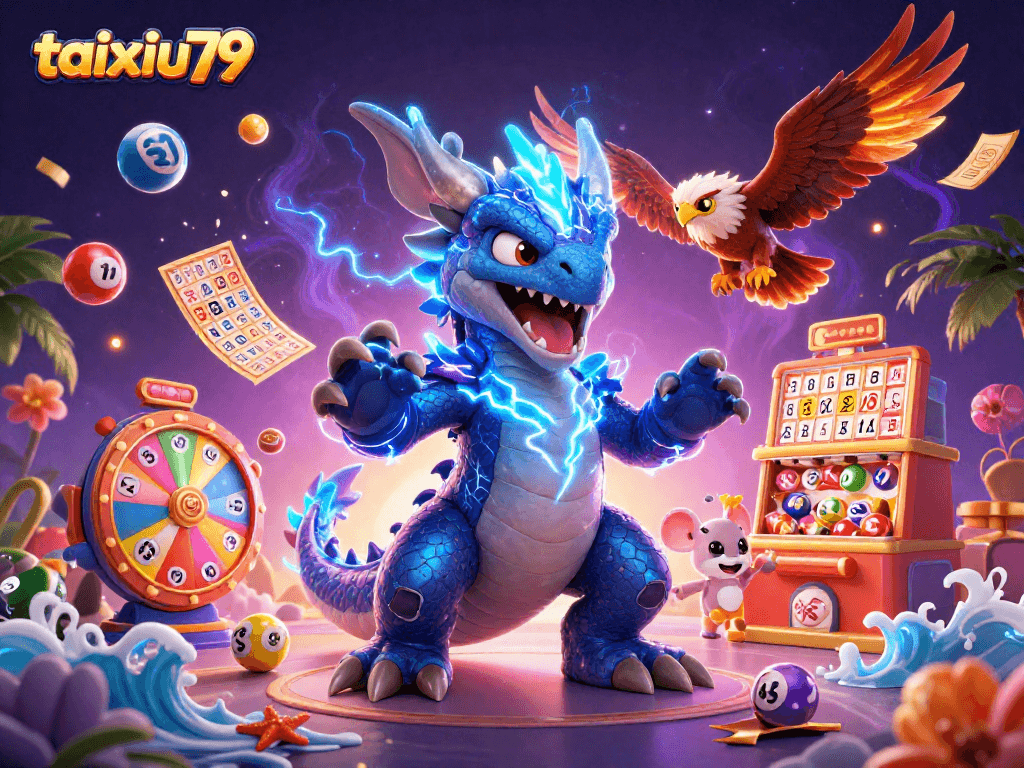 Watch taixiu79 players engage with thrilling games amidst vivid casino action and animated characters.