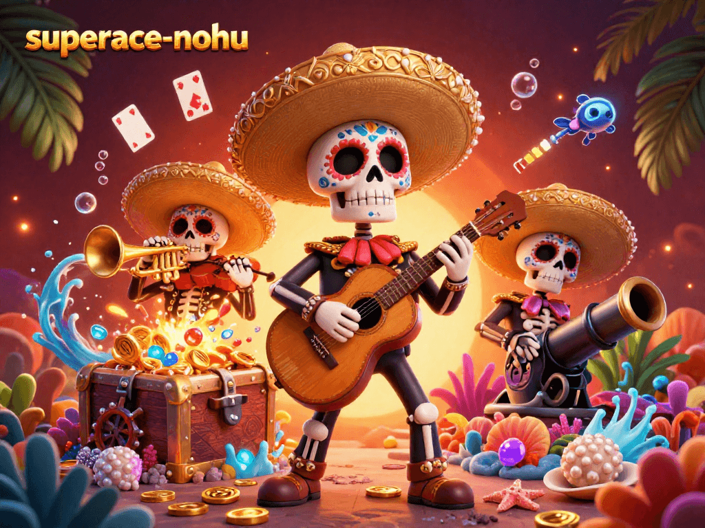 Experience thrilling gameplay with superace-nohu as colorful mariachi skeletons celebrate at a vibrant casino scene.