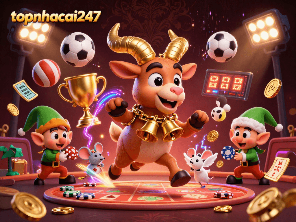 topnhacai247 showcases a vibrant casino scene with unique characters and dynamic gambling elements.