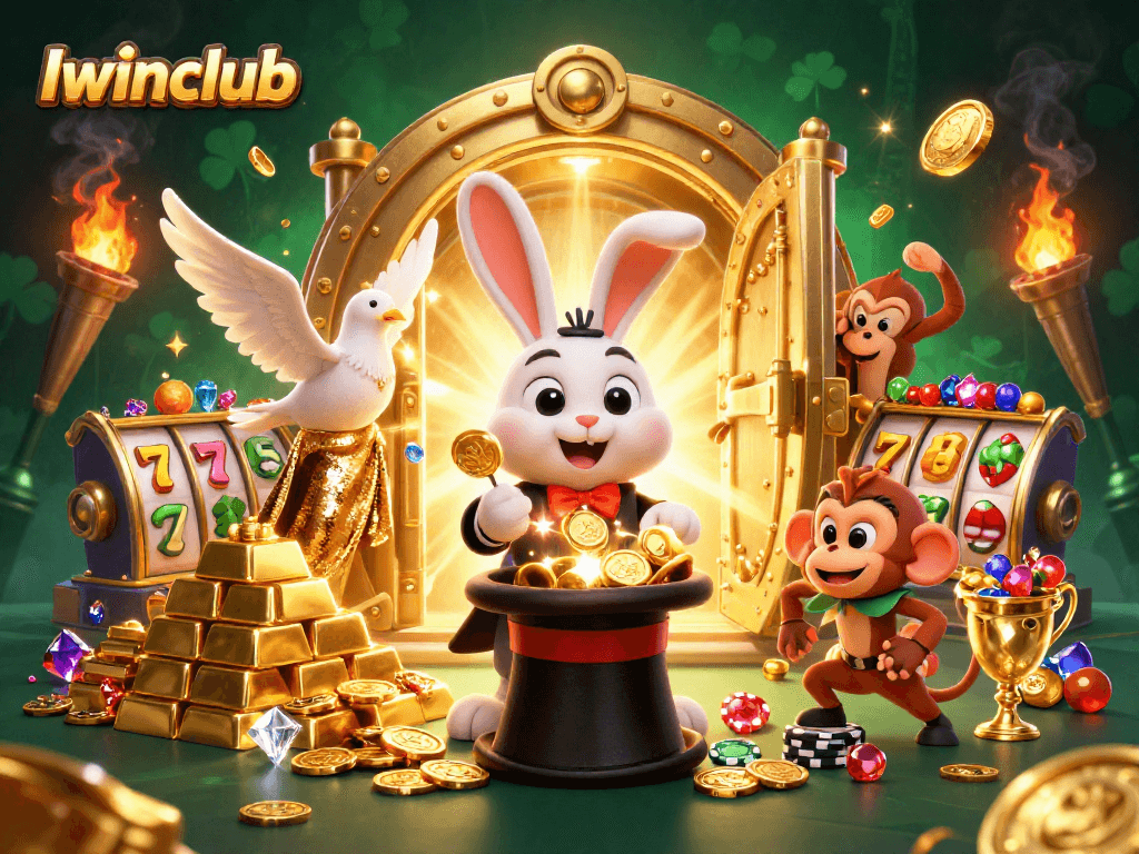 Iwinclub offers thrilling slots with a magical rabbit pulling coins in an engaging casino scene.