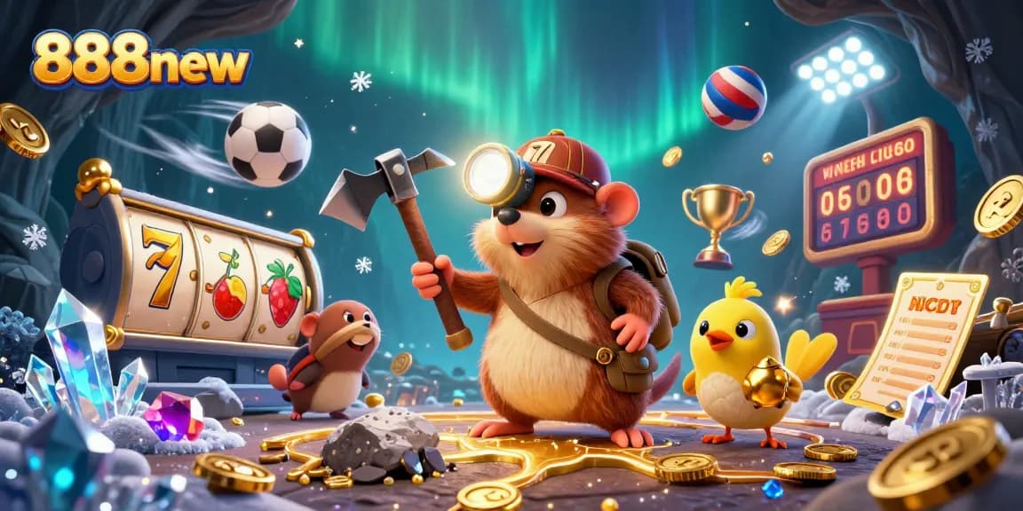Engage in thrilling gaming with 888new featuring a treasure hunter mole in a dynamic underground casino.