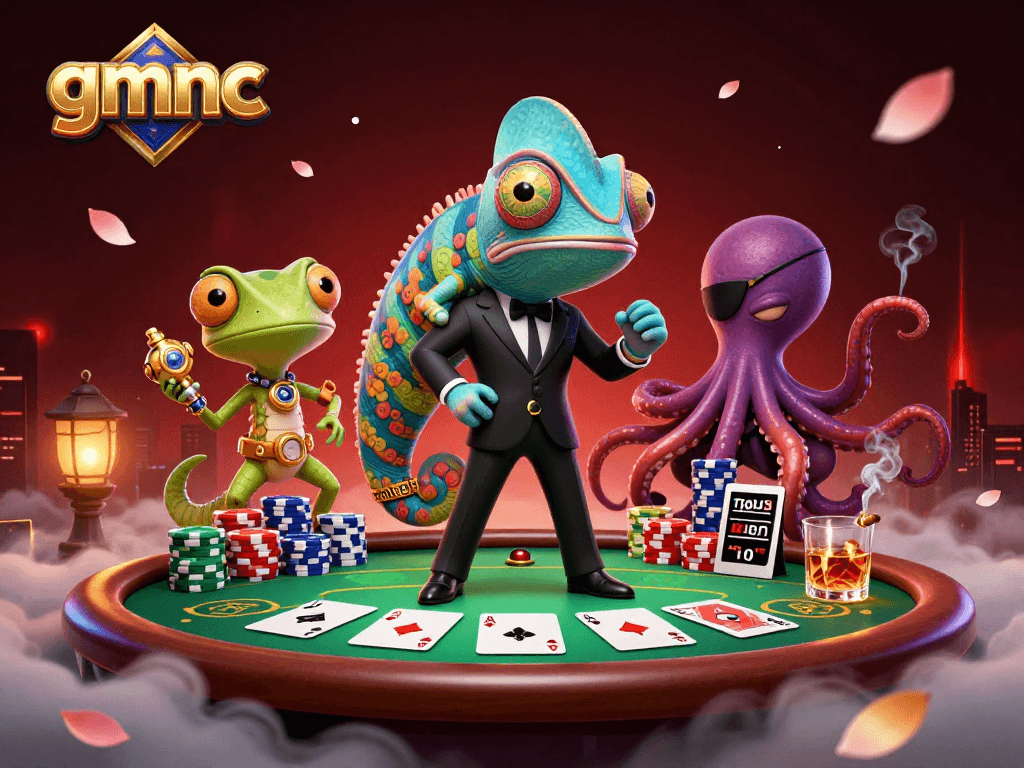Engage in thrilling poker with gmnc as secret agent characters play in a vibrant casino scene