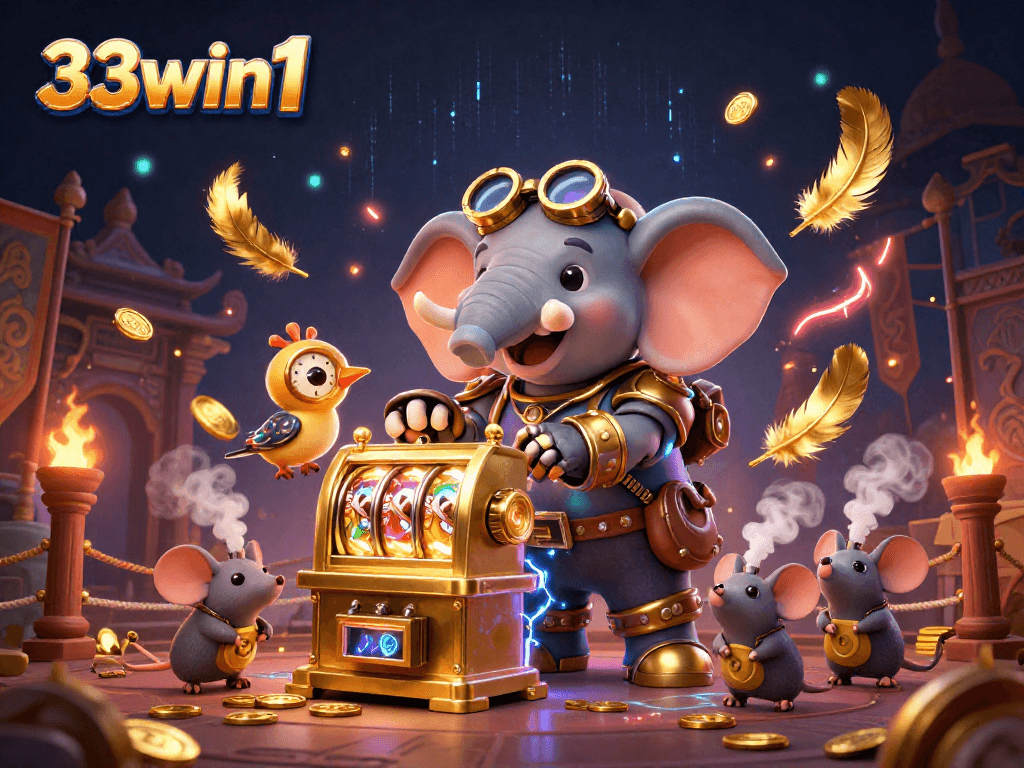 33win1 slot machine action with a steampunk elephant and animated casino elements