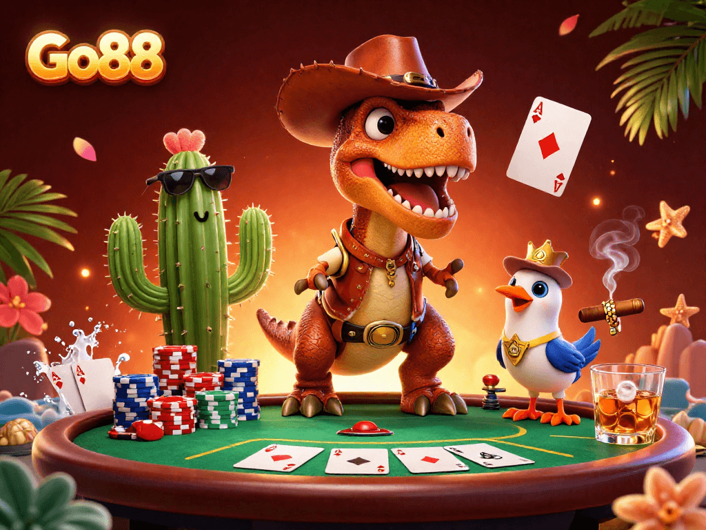 Win big at Go88 with a lively poker scene featuring a dinosaur, cactus, and roadrunner.