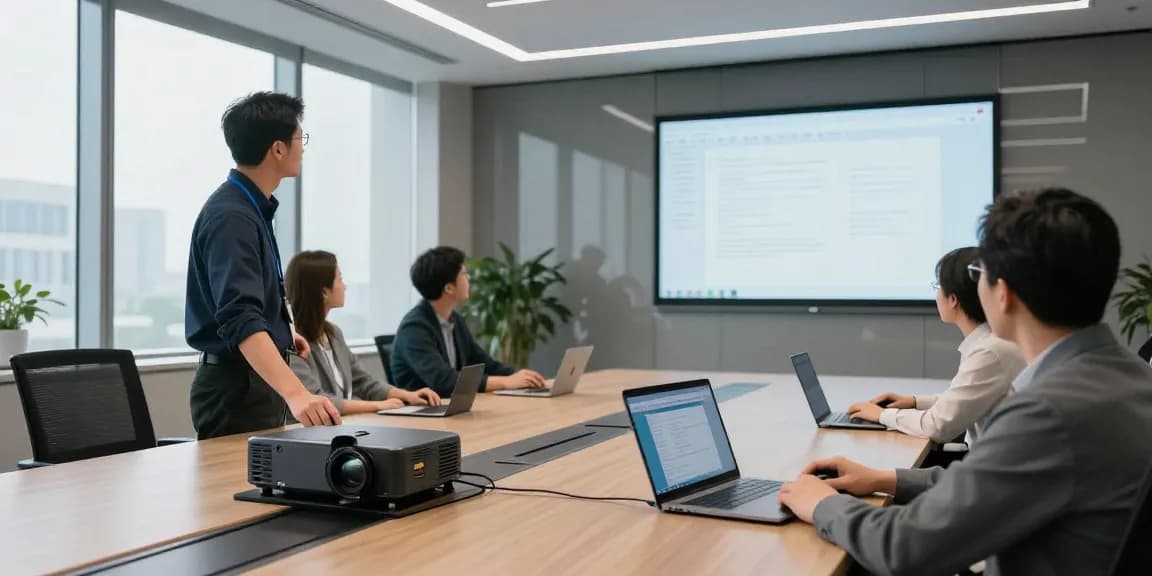 AV installation in a corporate conference room with technicians setting up audio and visual equipment.
