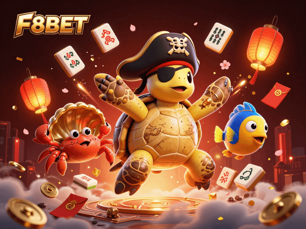 Float through F8BET's vibrant casino adventure with a dynamic pirate turtle and friends.