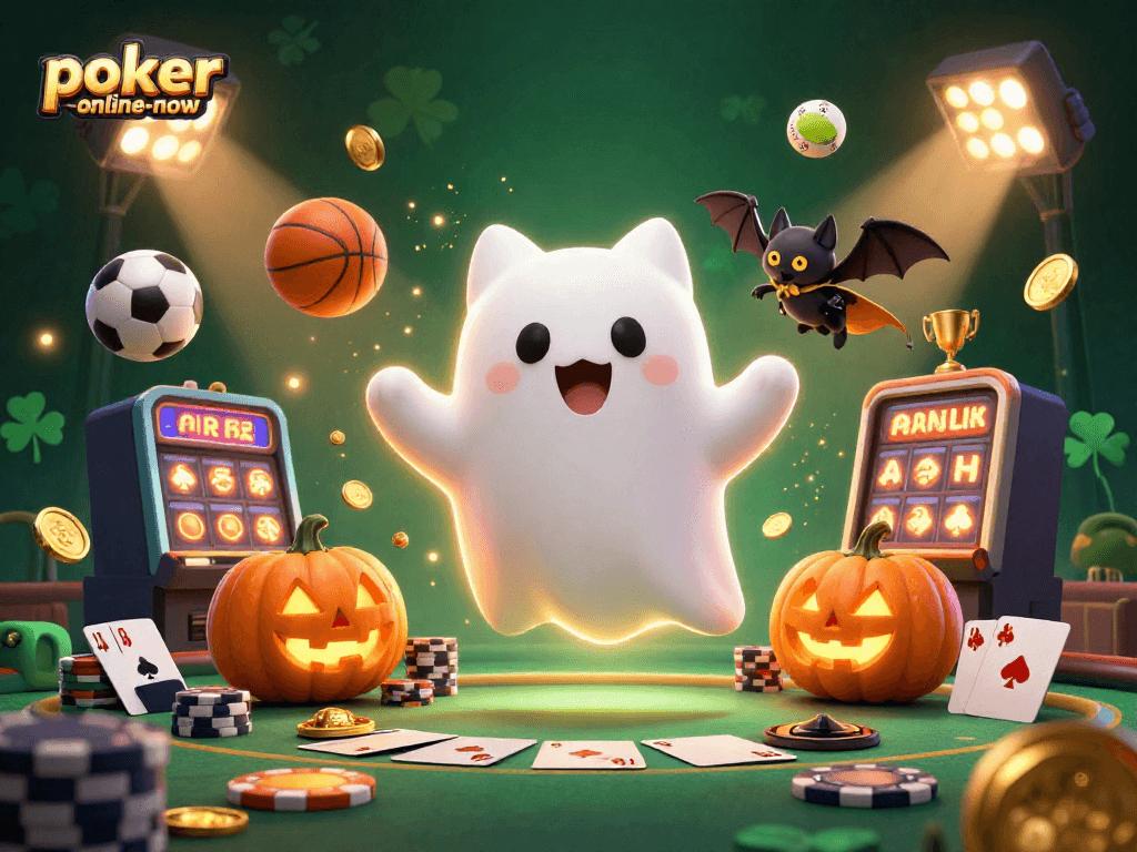 Experience thrilling poker action with poker-online-now in a dynamic haunted casino scene.
