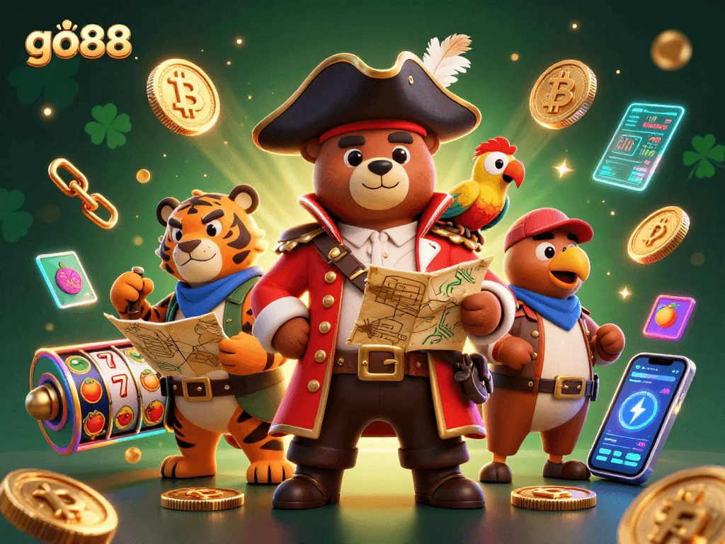 Engage in thrilling gameplay at go88 with a 3D pirate bear, Ethereum coins, and slot reels.