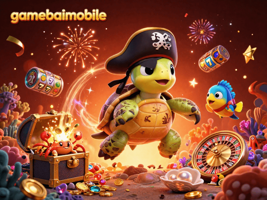Engage with gamebaimobile's thrilling casino experience featuring a pirate turtle amidst celebratory treasures.