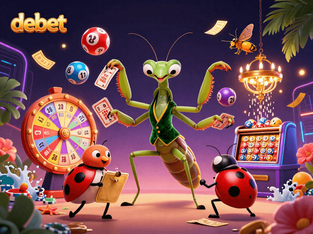 Immerse in debet gameplay with a vibrant scene featuring a card sharp mantis and dynamic casino elements.