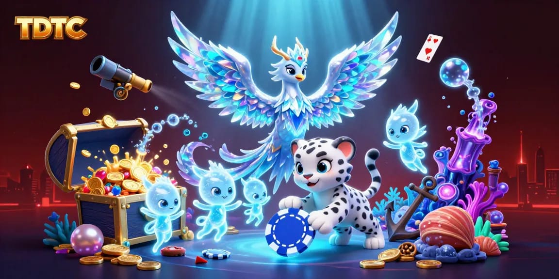 Engaging TDTC 3D digital illustration with a vibrant casino theme featuring an ice phoenix and sprites.
