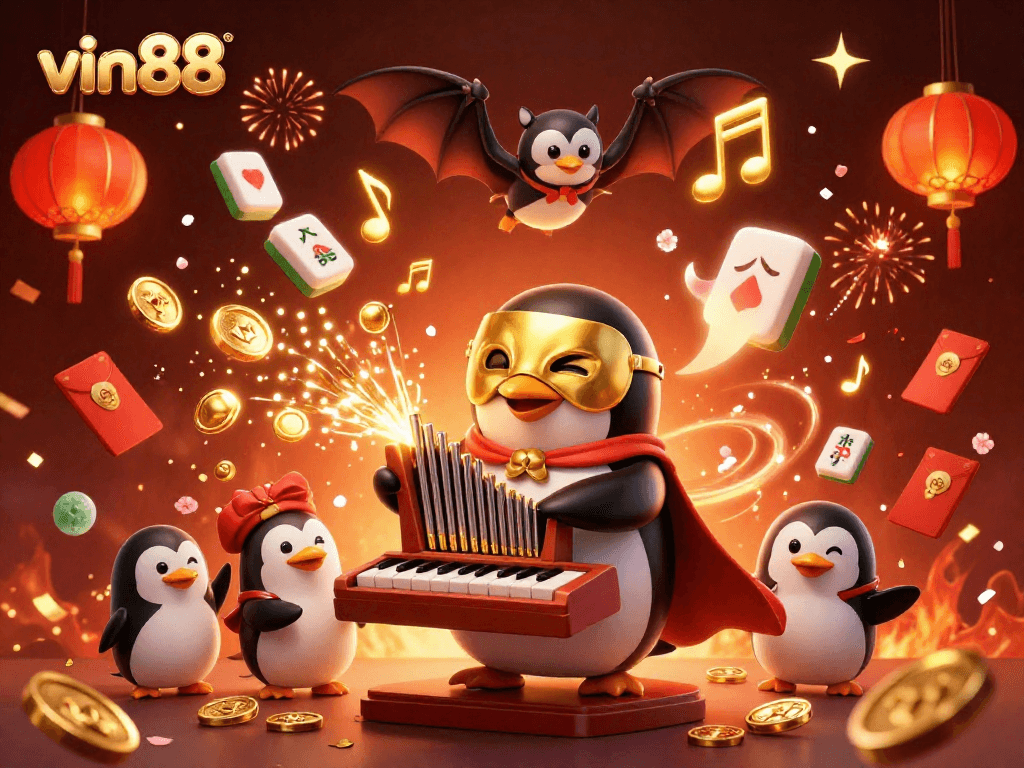 Experience vin88's thrilling gaming atmosphere with a vibrant 3D illustration featuring exciting casino elements.