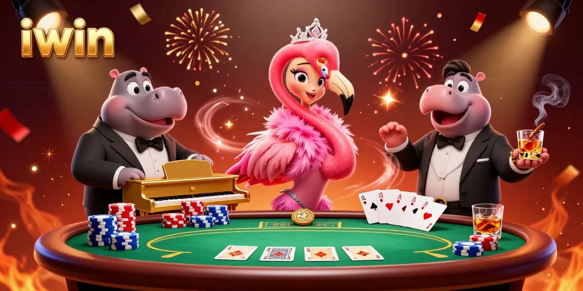Experience the excitement of iwin Casino with a vibrant 3D illustration featuring casino characters and game elements.