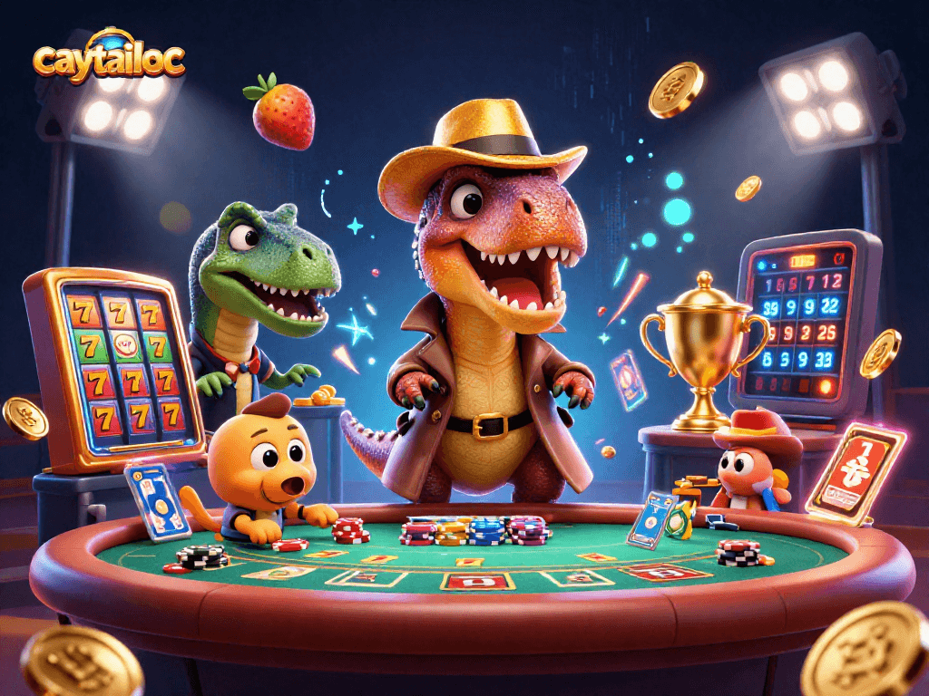 Caytailoc slot game illustration with cartoon dinosaurs playing blackjack and dynamic elements.