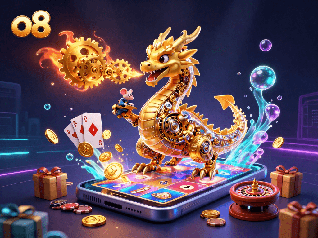 Experience o8's thrilling gambling realm with a golden dragon and exciting slot games.