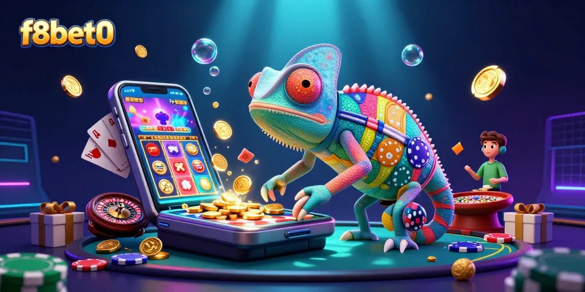 Win big at f8bet0 with a vibrant chameleon casino owner amidst dynamic gaming elements.