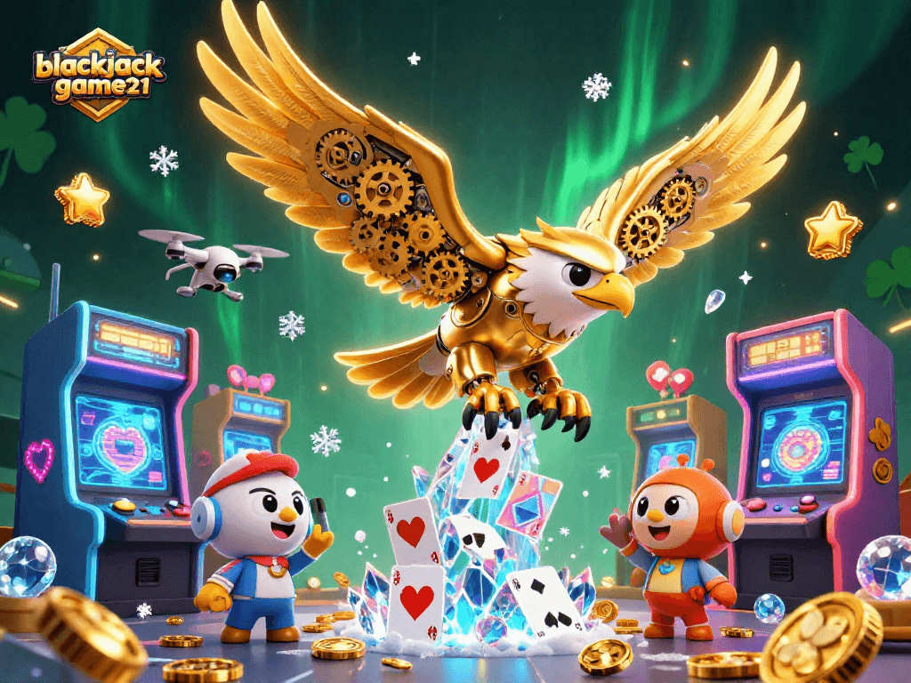 Engage in immersive fun with blackjack-game21, featuring a dynamic 3D illustration of a golden eagle amidst holographic cards.