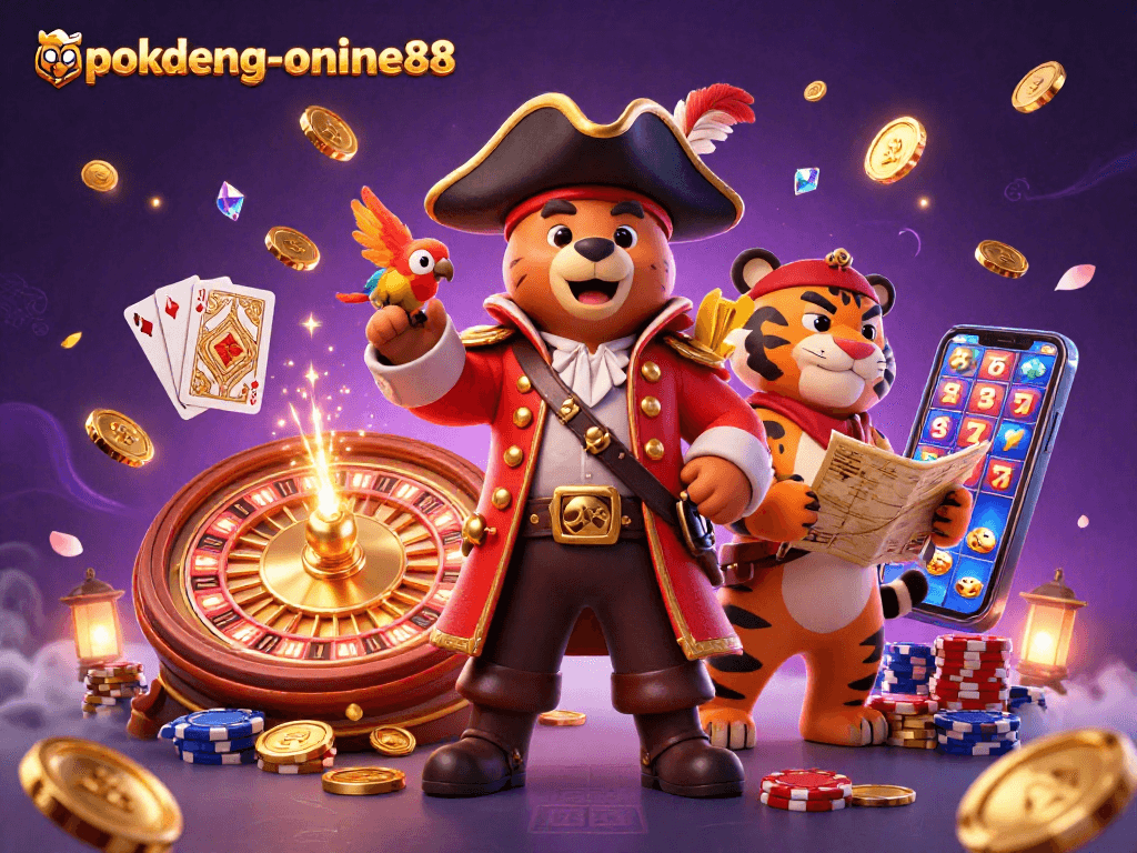 Engage in thrilling gameplay at pokdeng-online88 with a pirate bear, tiger, and parrot amid cascading treasures!