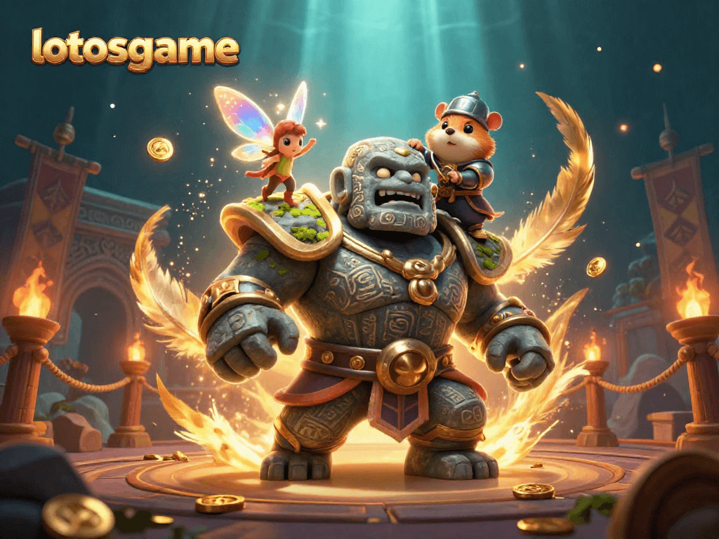 Experience thrilling adventures in lotosgame with a stone golem and magical companions.