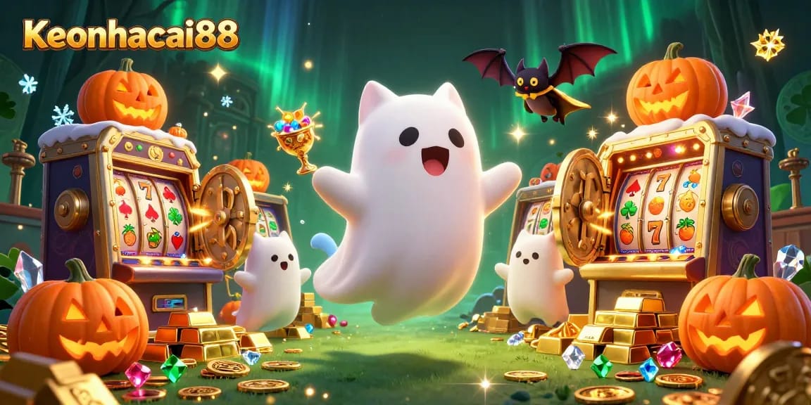 Engage in thrilling gameplay with Keonhacai88's vibrant haunted casino scene featuring a ghost cat.