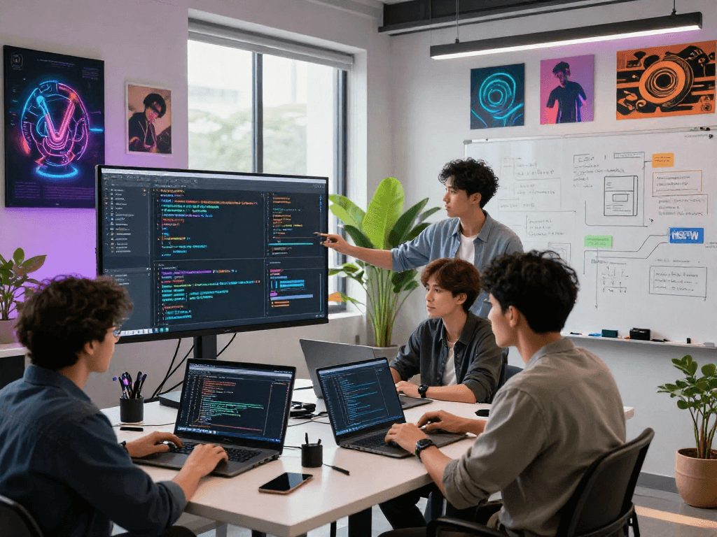 Diverse developers collaborating on an NSFW AI project in a vibrant tech workspace, showcasing coding and creativity.