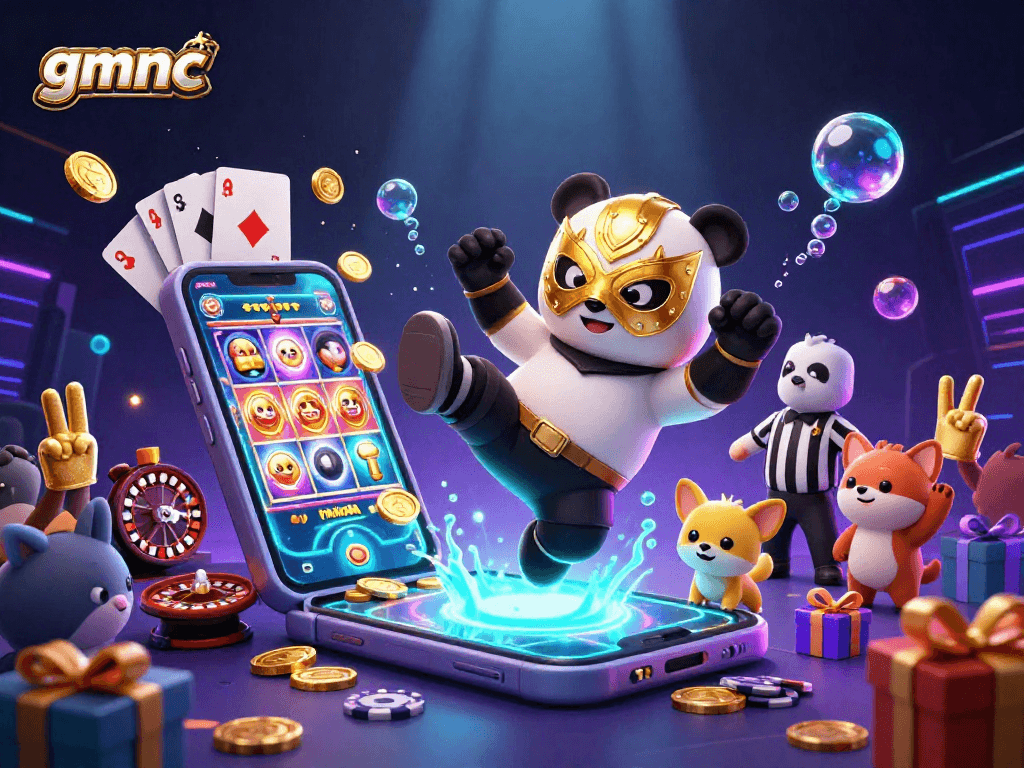 Immerse in gmnc's thrilling action with a panda wrestler and dynamic casino elements.