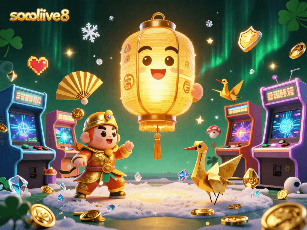 Socolive8 reveals a vibrant online casino world with golden spirits and dynamic gaming visuals, captivating gamblers.