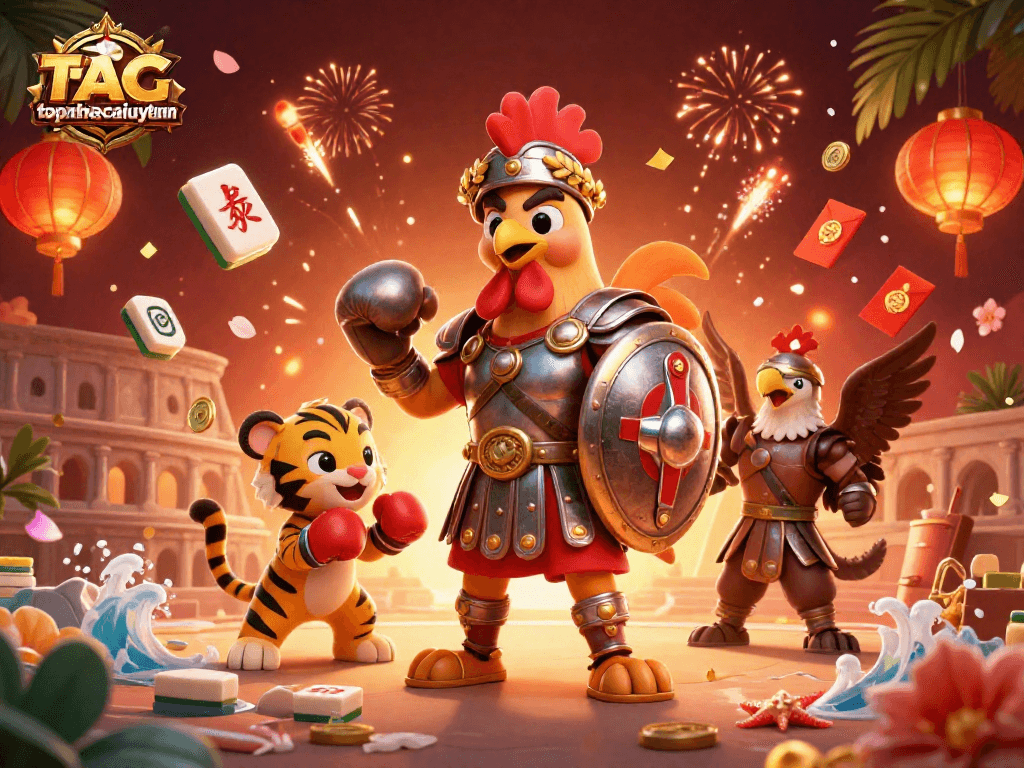 Topnhacaiuytinn showcases a dynamic 3D illustration of gaming excitement in a vibrant casino setting.