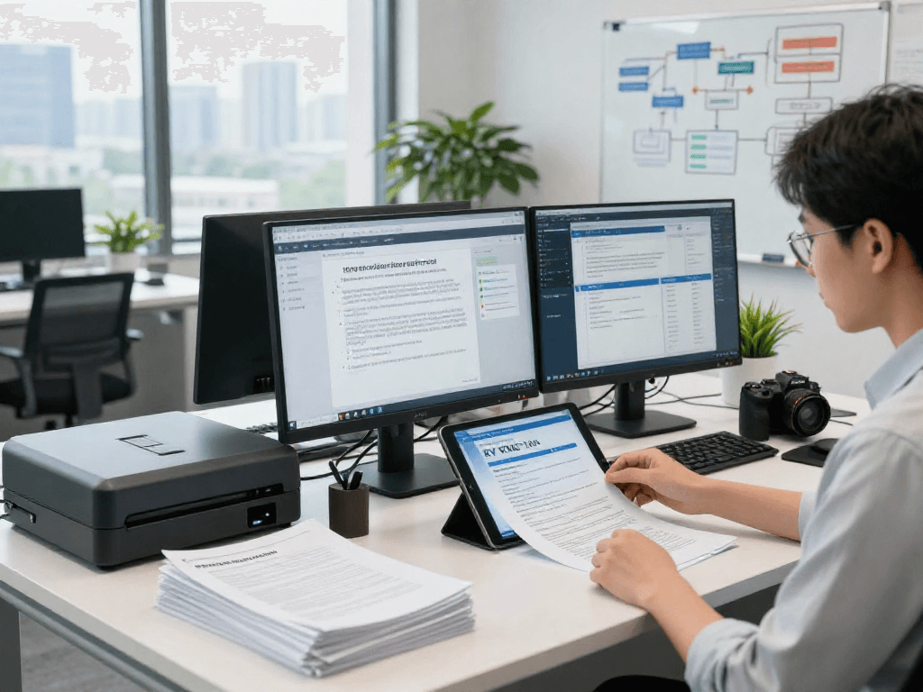 Compliance officer analyzing document fraud detection metrics with AI tools in a professional office.