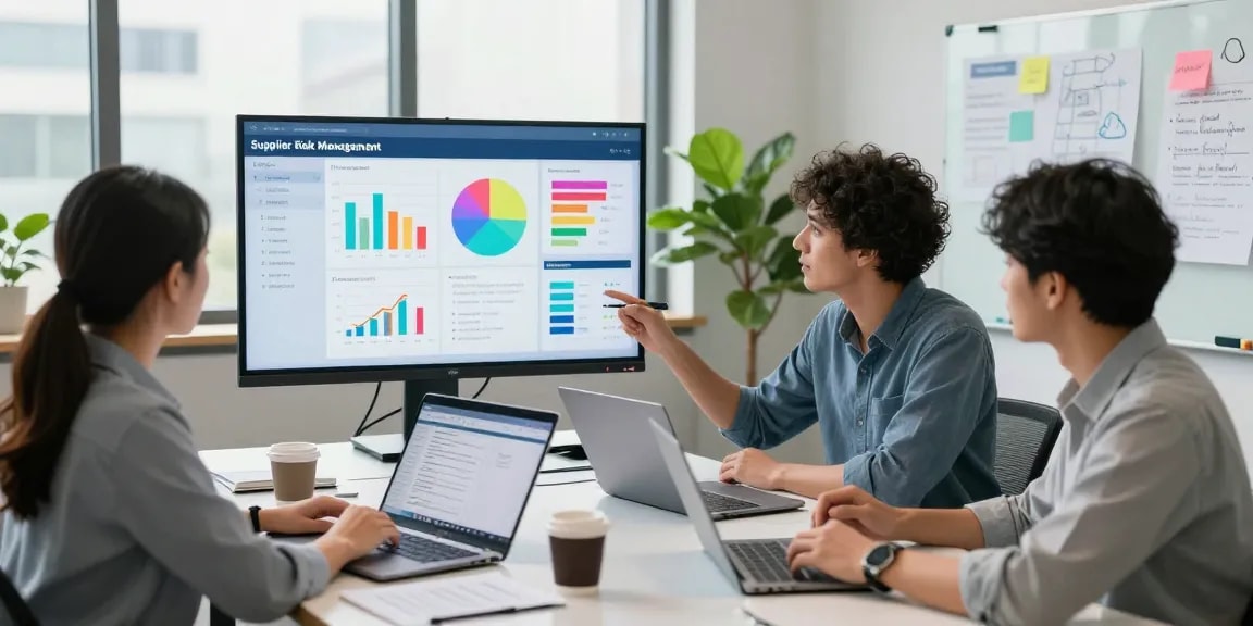 Collaboration using supplier risk management software in a modern office environment, showcasing teamwork and efficiency.