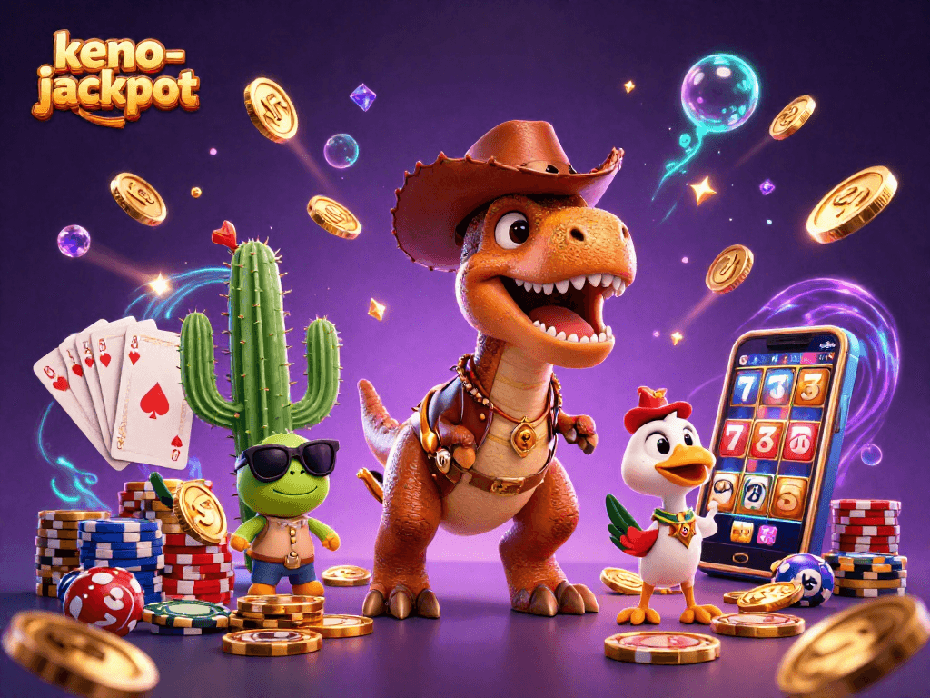 Engage in thrilling keno-jackpot games with a dynamic 3D illustration showcasing wealth and excitement.