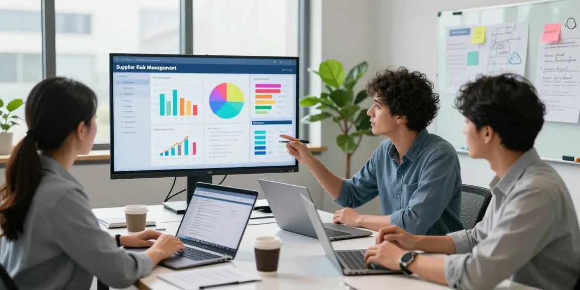 Collaboration using supplier risk management software in a modern office environment, showcasing teamwork and efficiency.