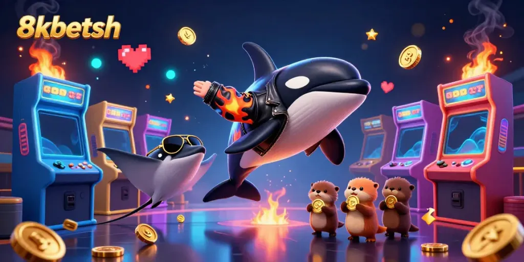 Engage with the 8xbetsh casino experience featuring animated characters, golden coins, and arcade games.