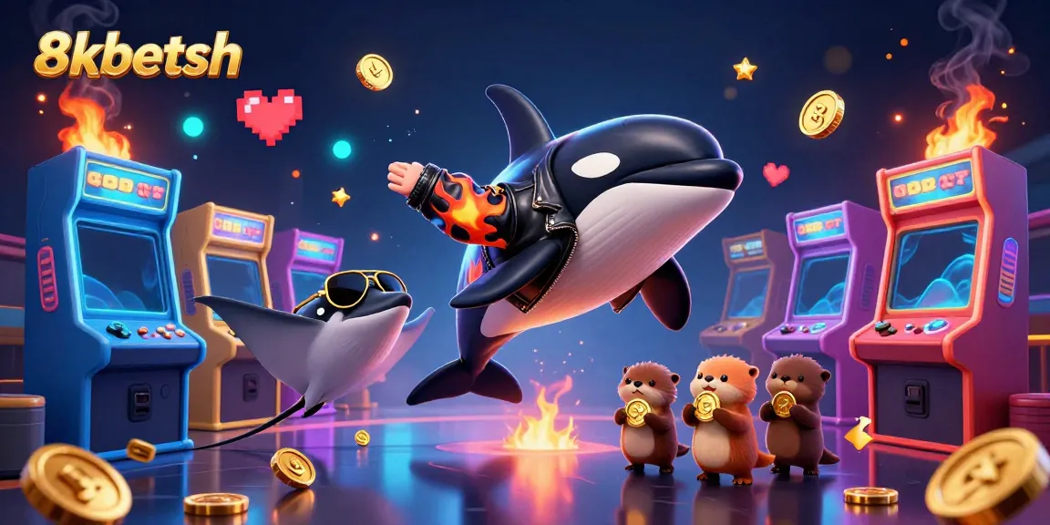 Engage with the 8xbetsh casino experience featuring animated characters, golden coins, and arcade games.
