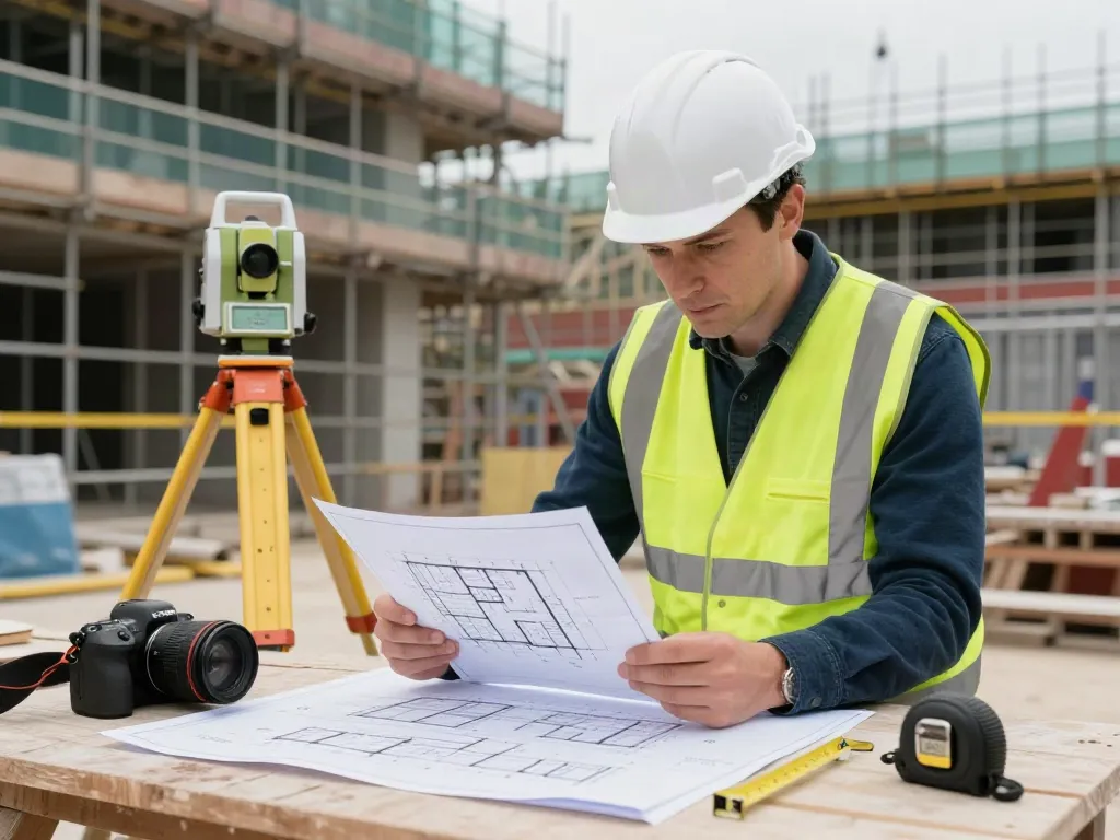 Building Surveyors London reviewing architectural plans at a construction site in a vibrant urban setting.