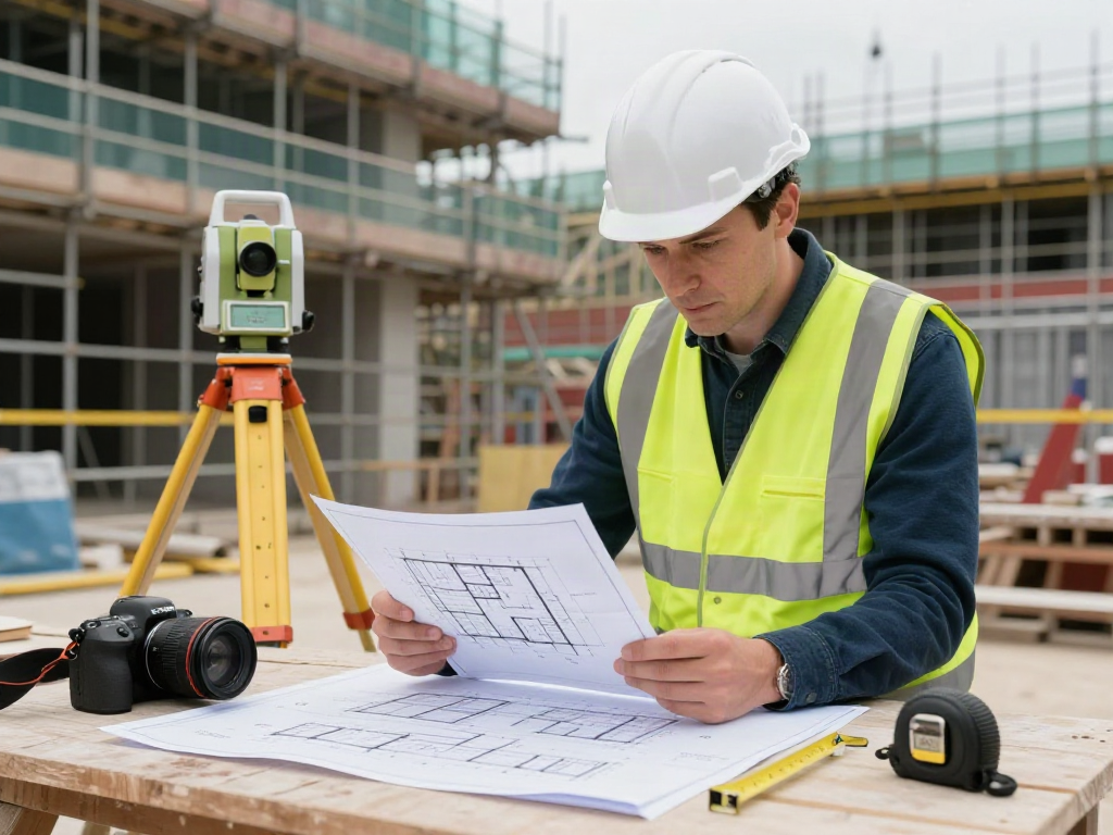 Building Surveyors London reviewing architectural plans at a construction site in a vibrant urban setting.