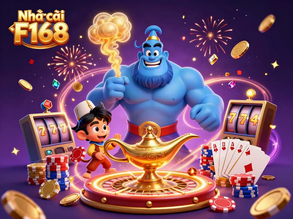 Engage in thrilling gaming adventures with Nhà cái F168 featuring a powerful genie and magical casino elements.