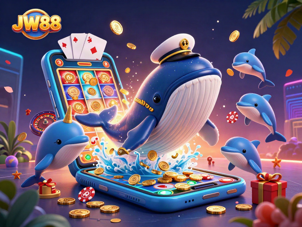 Engage in thrilling gameplay at JW88 with a vibrant scene of casino elements and playful sea creatures.