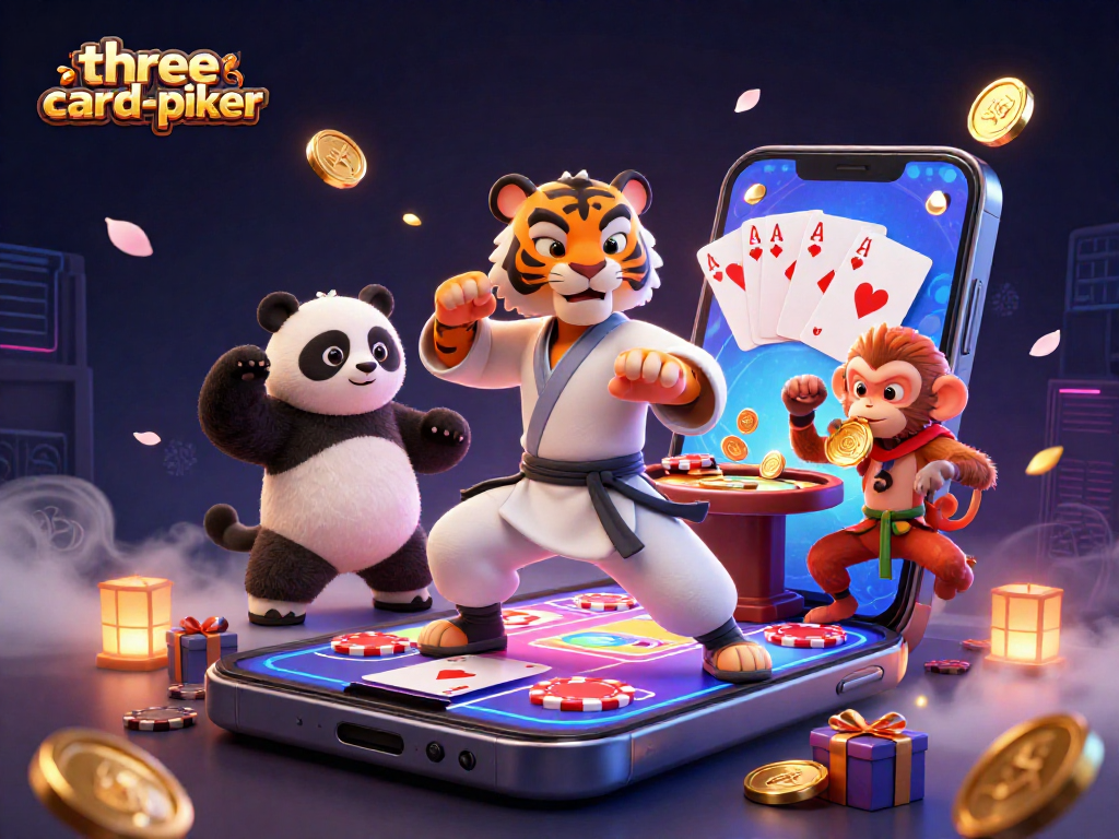 Engage in three-card-poker with a playful scene of a kung fu tiger and friends amidst poker chips and cards.