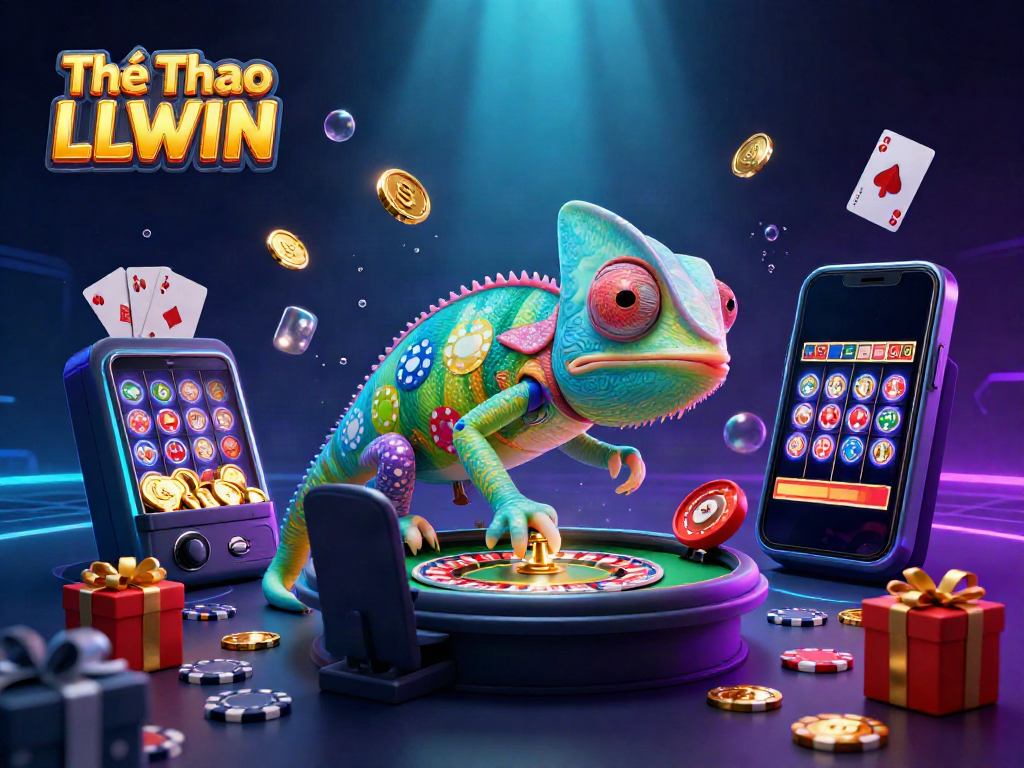 The Thể THao LLWIN chameleon casino owner catches golden coins amidst a vibrant casino scene filled with games and excitement.
