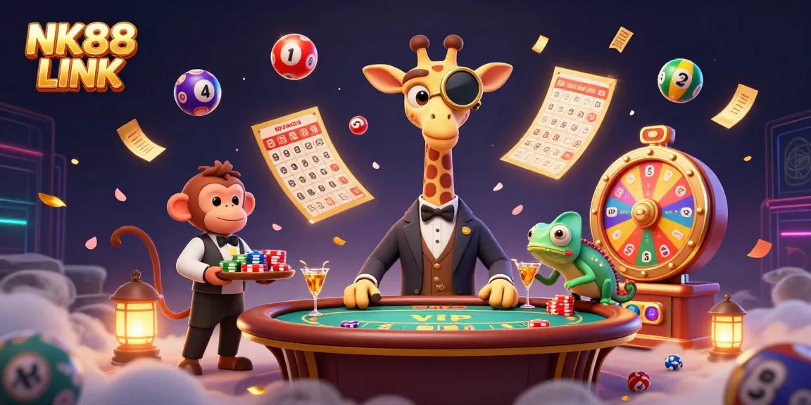 Engage with NK88 LINK at a vibrant online casino scene featuring a high-roller giraffe and colorful lottery elements.