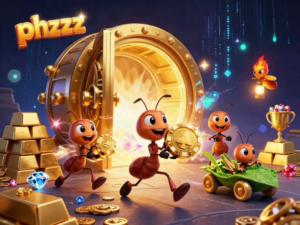 Ants carry a giant golden poker chip in a vibrant casino heist scene, showcasing phzzz.