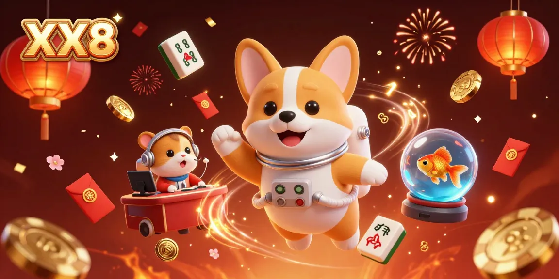 Experience the excitement of XX8 with a floating casino scene, featuring fun characters and vibrant elements.
