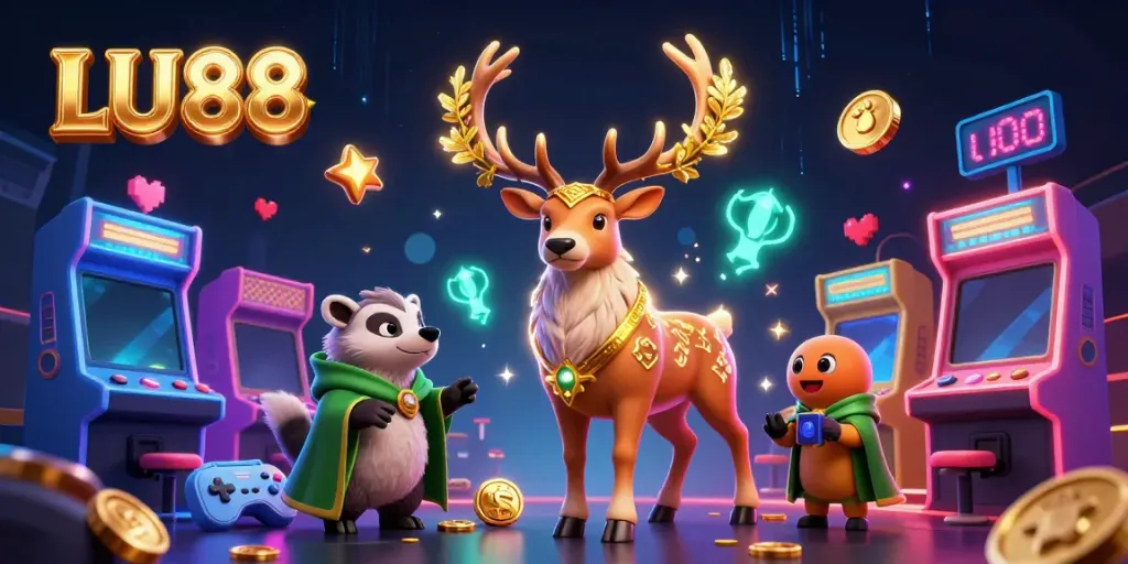 Experience the magic of LU 88 with a dynamic 3D illustration featuring enchanting characters in a vibrant casino setting.