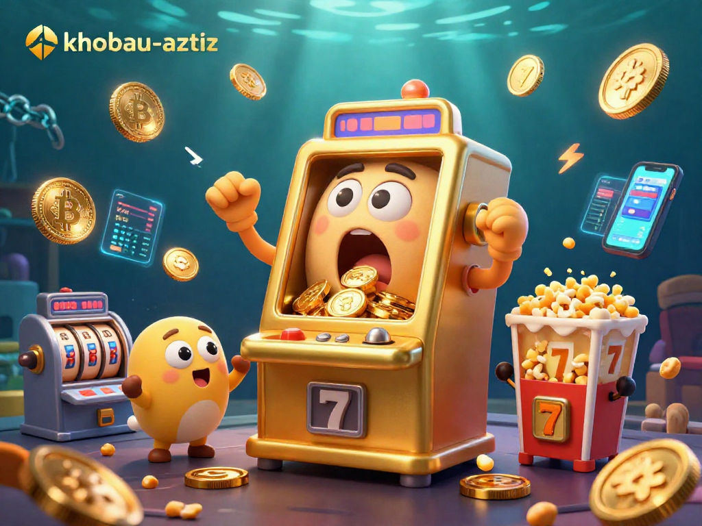 Spin the khobau-aztec slot machine for epic jackpots, surrounded by gold coins and vibrant crypto symbols.