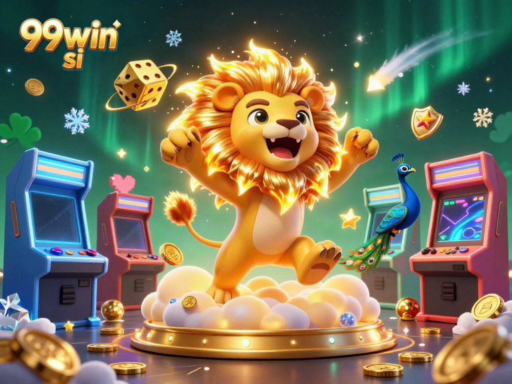 Experience thrilling wins with 99win si as colorful casino elements surround roaring golden lion amidst dynamic gaming atmosphere.