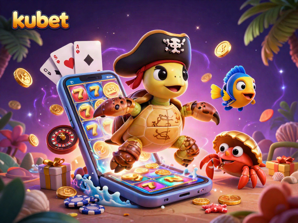 Kubet gaming scene featuring vibrant 3D characters, colorful slot games, and dynamic gambling elements.