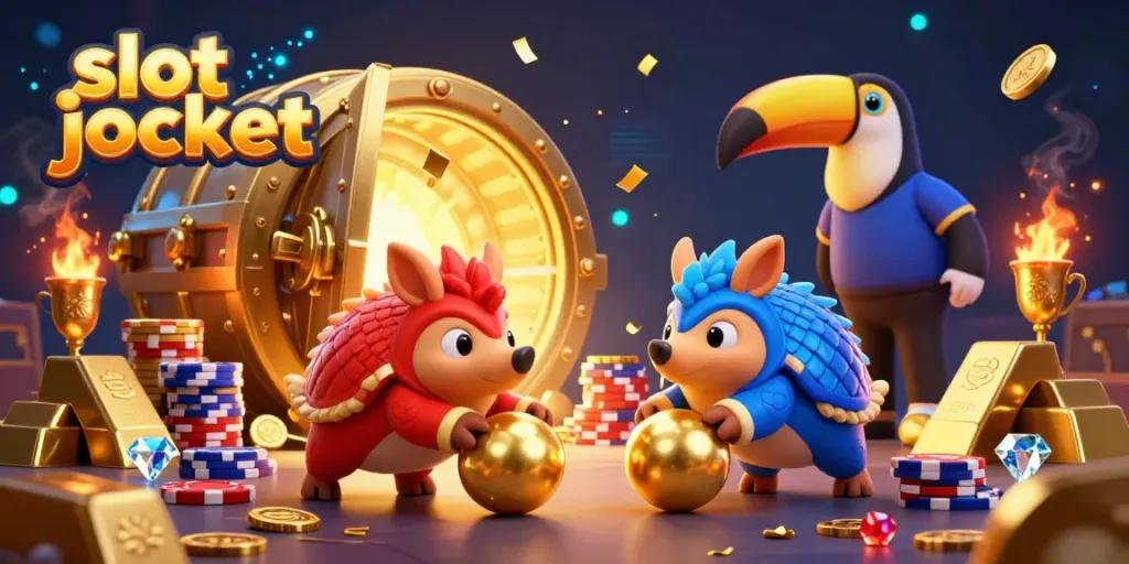 Experience the excitement of slot jackpot action with rival pangolins and golden treasures in a vibrant scene.
